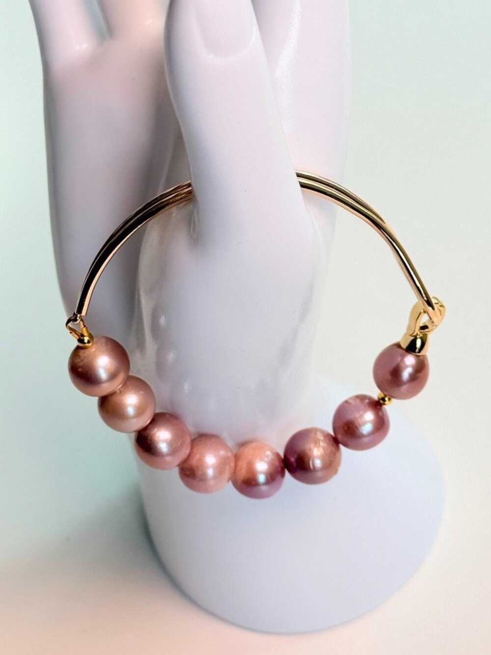 11mm Pink Purple Pearl Semi Bangle Bracelet Gold Statement